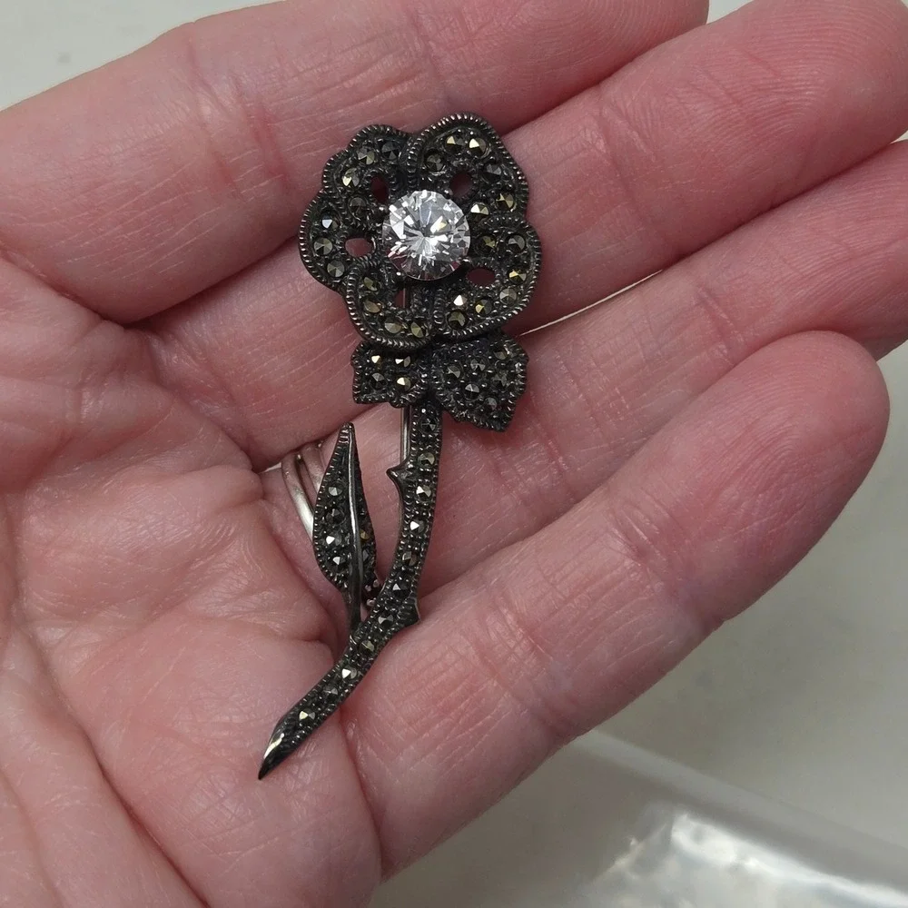 Judith Jack Sterling Silver‎ Marcasite Flower Brooch Pin Cubic Zirconia Rose JJ